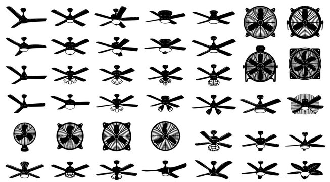Comprehensive collection of ceiling fans and industrial ventilation fan icons for architectural and engineering design