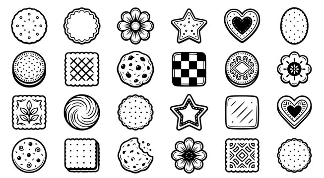 Assorted sweet cookie and biscuit icons in black and white hand drawn vector style for bakery menu design and food industry branding and culinary illustration projects