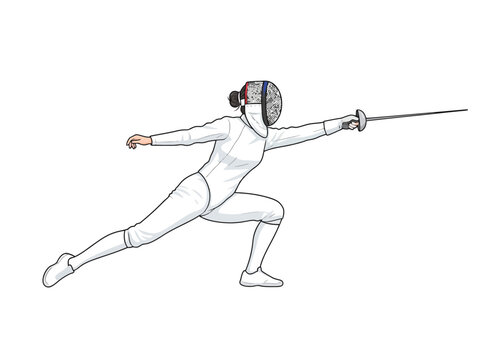 A line art illustration of a fencer in a lunge position holding a foil.