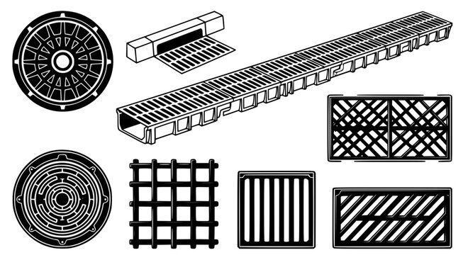 Set of drainage grates and manhole covers in black and white vector line art for civil engineering and urban infrastructure development projects and construction planning