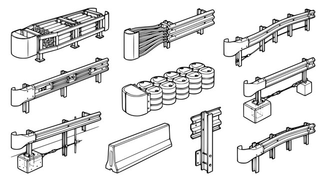 Comprehensive collection of road safety barriers and crash attenuator systems in black and white line art style for civil engineering and infrastructure project presentations