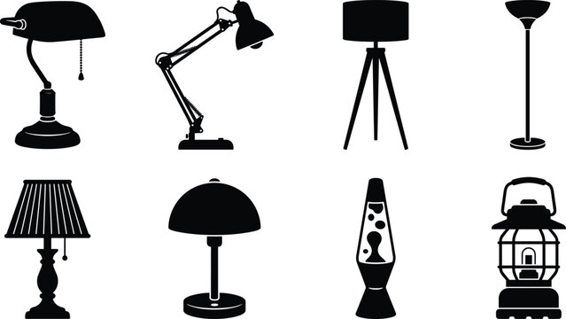 Home lighting and lamps black silhouettes set featuring desk lamp adjustable light floor lamp lava lamp lantern vector illustration