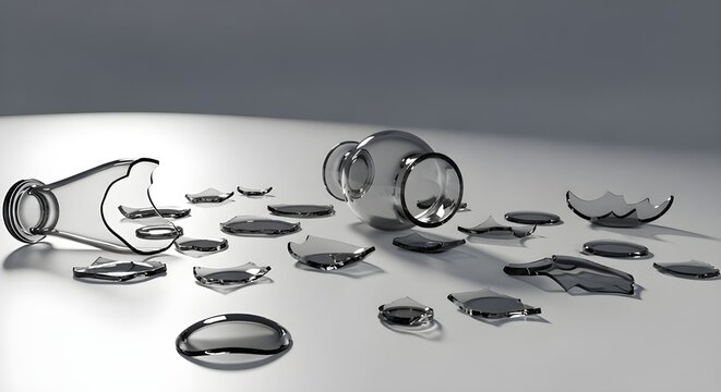 Shattered glass fragments and a broken glass bottle lying on a reflective metallic surface.