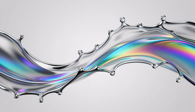 Dynamic abstract 3D render of a fluid liquid chrome wave with smooth rainbow color gradients and droplets
