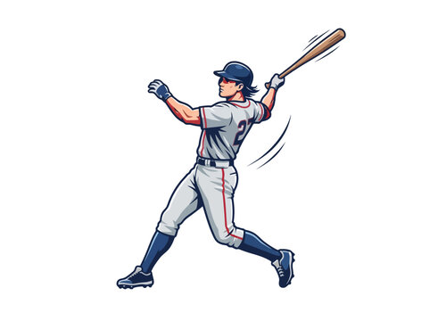 A dynamic illustration of a baseball player swinging a bat during a game.