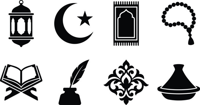 Islamic culture vector silhouette icons set featuring ramadan lantern crescent moon prayer rug quran and decorative ornaments on white background