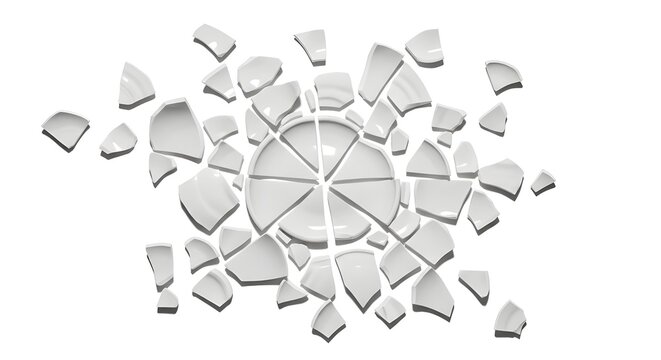 A circular arrangement of broken white porcelain pieces forming a fragmented pattern with a central void on a plain white background.