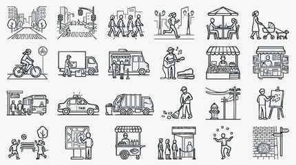 Clean Black and White Line Drawing Icons Set of Urban Life Activities and Services for City Planning Apps or Presentations © Rajib