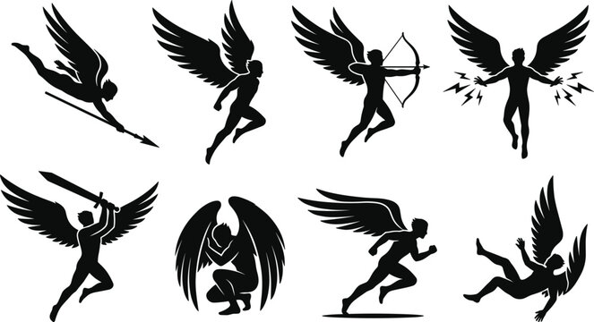 Mythological winged warrior and angel black silhouettes set featuring warrior archer fallen angel guardian protector vector illustration