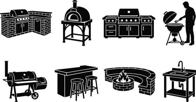 Outdoor kitchen black silhouettes set featuring bbq grill pizza oven smoker fire pit bar counter sink vector illustration