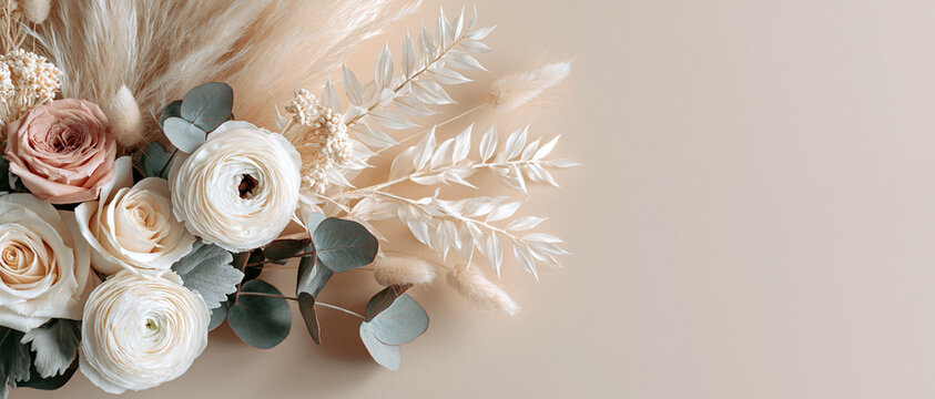 Elegantes Boho-Blumen-Banner mit Rosen, Trockenblumen und Pampasgras auf beigem Hintergrund, Vorlage f&uuml;r Hochzeitseinladungen mit Kopierraum
