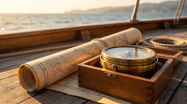 Vintage brass compass and old nautical map on a wooden boat deck at sunset.
