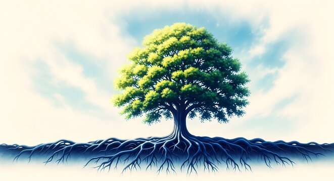 Lush Green Tree with Powerful Deep Roots Against a Serene Sky