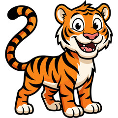 Obraz premium Friendly Little Tiger Character Vector Illustration Featuring a Cute Cartoon Big Cat Standing Happily for Wildlife Design Projects