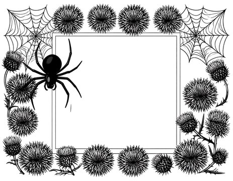 Black spider and web frame with thistle flower illustrations.