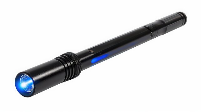 Flashlight with a durable black metal body emits a vibrant blue light beam, designed for tactical use or emergency situations requiring high-intensity illumination in dark or low-visibility spaces.