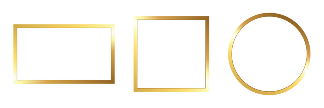 vector illustration: set of golden frame in various shapes. rectangualar, square and round gold shiny metallic frames isolated on white or transparent png
