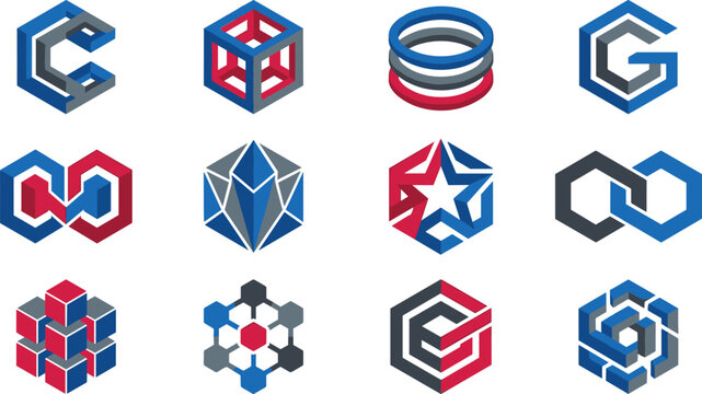 Abstract Geometric 3D Isometric Logo Icon Set Featuring Hexagon Cube Star and Infinite Loop Shapes for Tech Corporate Branding and Web Graphic Designs