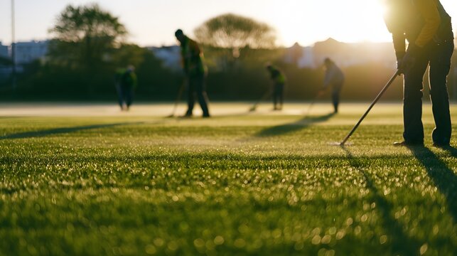 Dedicated groundskeepers preserve a vibrant sports field bathed in early morning light and dewy freshness