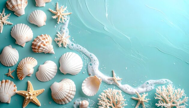 Conchas marinas, estrellas de mar y corales decorativos sobre fondo turquesa con composici&oacute;n veraniega y espacio para texto