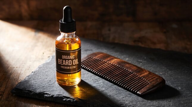 A bottle of organic beard oil with a wooden comb on a slate surface.