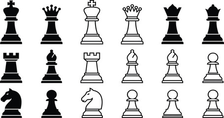 Chess Pieces Line and Silhouette Icon Set Vector Illustration Featuring King Queen Rook Bishop Knight and Pawn for Business Strategy and Board Game Designs © MdMOSTOFA