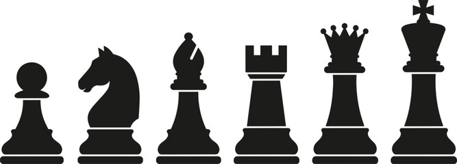 Black Chess Pieces Silhouette Icon Set Vector Illustration Featuring Pawn Knight Bishop Rook Queen and King Elements for Strategy and Board Game Designs © MdMOSTOFA