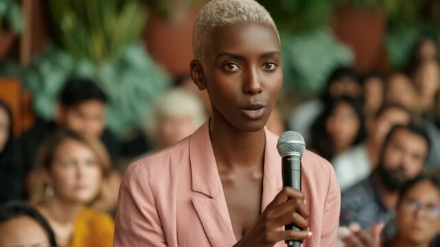 Woman holding microphone while speaking in panel discussion