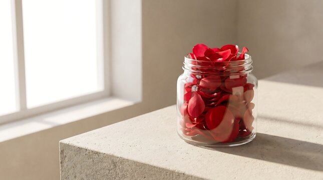 A glass jar filled with vibrant red rose petals sitting on a stone surface near a bright window.