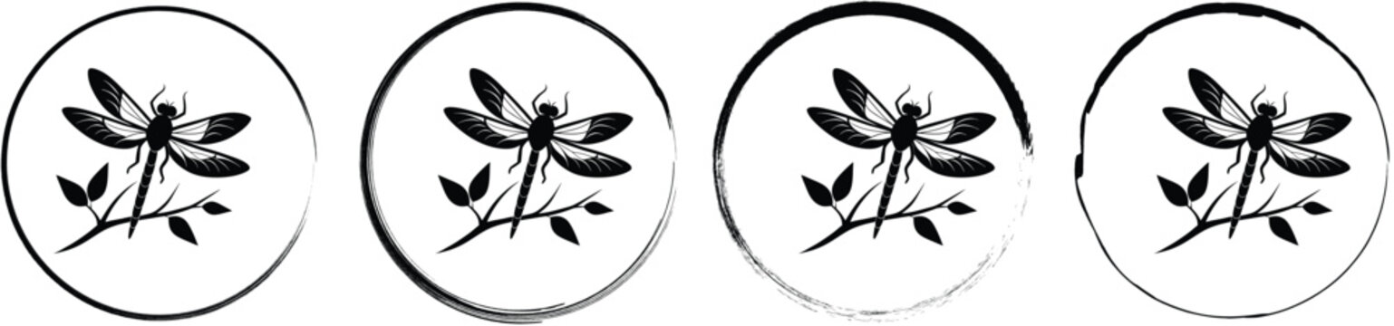 Set of four circular featuring a black silhouette of a dragonfly perched on a thin branch with leaves on a white background