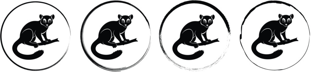 Collection of four circular featuring a black silhouette of a lemur perched on a tree branch, isolated on a white background © SilhouetteStore
