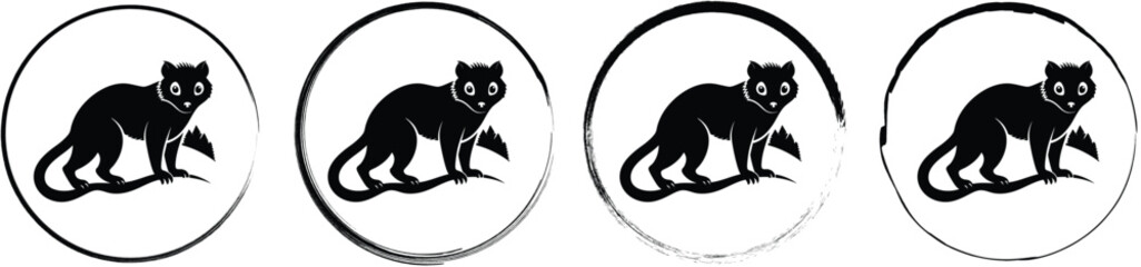 Set of four circular featuring a black silhouette of a wild cat standing on a branch, isolated on a white background, style © SilhouetteStore
