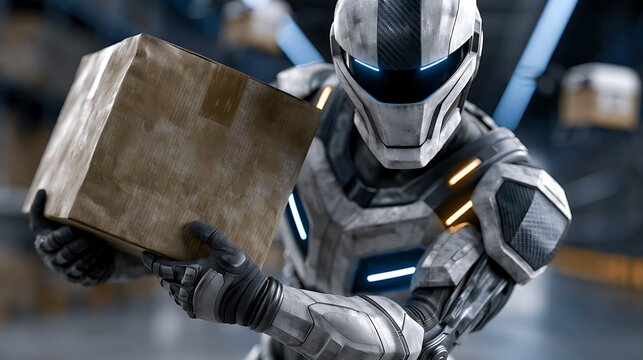 Futuristic logistics worker in metallic exoskeleton suit lifting heavy cardboard box in automated warehouse