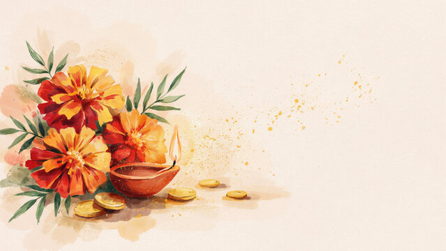 Happy diwali festival of lights watercolor diya flowers gold coins celebration