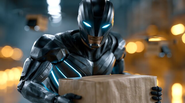 Futuristic logistics worker in metallic exoskeleton suit lifting heavy cardboard box in automated warehouse