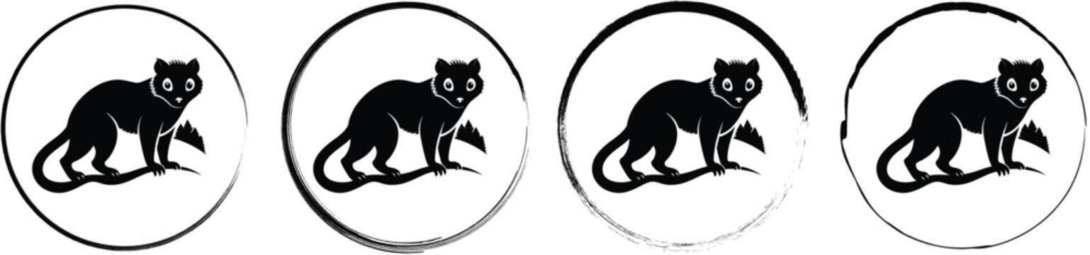 Set of four circular featuring a black silhouette of a wild cat standing on a branch, isolated on a white background, style