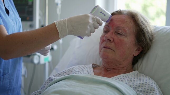 Hospital Healthcare Heat Resilience concept. Elderly woman in hospital bed having her temperature taken with a forehead thermometer.
