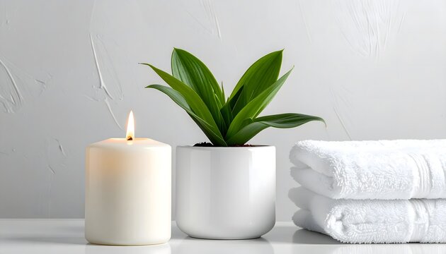 Vela encendida, planta verde en maceta y toallas blancas dobladas en una composici&oacute;n minimalista de spa y bienestar