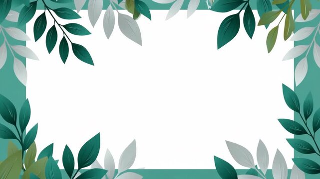 Teal and gray leaves bordering central white rectangle frame