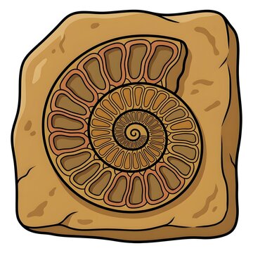 Detailed vector illustration of an ancient ammonite fossil embedded in rock. Showcases the classic spiral shell pattern. Ideal for paleontology, geology, and natural history designs.
