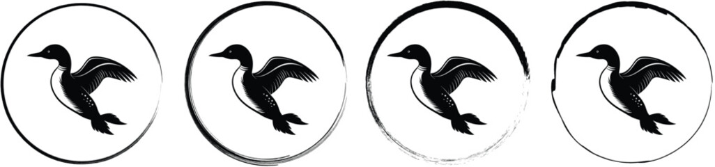 Fototapeta premium Four circular stamps featuring a black silhouette of a loon bird with wings spread, isolated on a white background, set