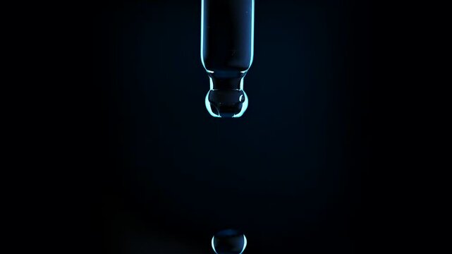 Macro shot of a blue copper peptide or hyaluronic acid serum droplet falling in slow motion from a glass pipette dropper isolated on a dark background