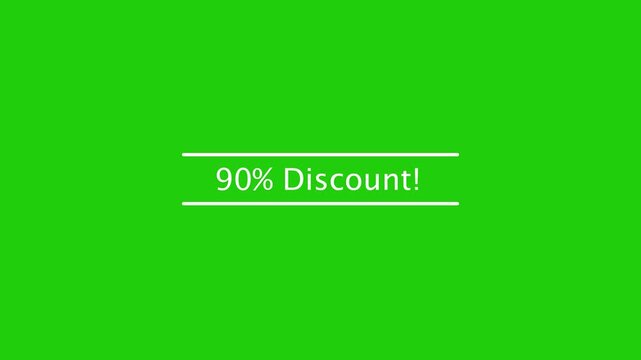 90 Percent Discount text animation with white lines on green screen chroma key background