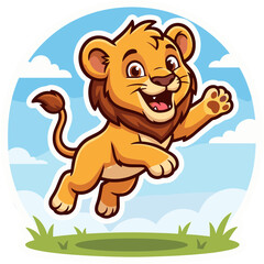 Fototapeta premium Happy Cartoon Lion Cub Jumping Joyfully in a Sunny Meadow Vector Illustration for Children