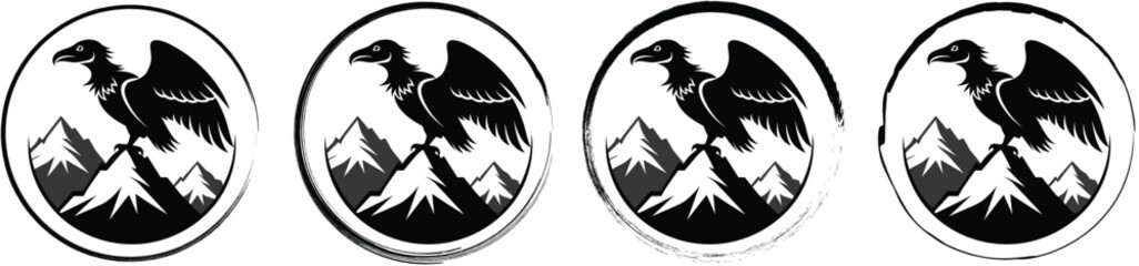 Fototapeta premium Collection of four circular badges featuring a black silhouette of a vulture with spread wings on a mountain, isolated on a white background