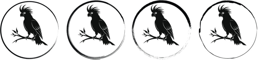 Four circular featuring a black silhouette of a cockatoo bird perched on a branch, isolated on a white background, set © SilhouetteStore