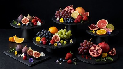 Fototapeta premium Assorted fresh fruit platters on dark slate trays.