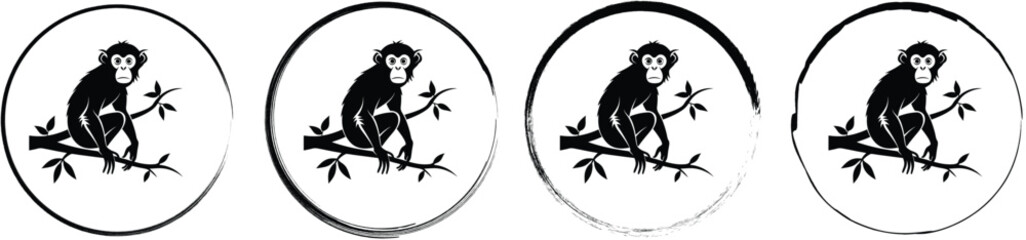Four circular emblems showing a black silhouette of a monkey perched on a tree branch, isolated on a white background, set © SilhouetteStore