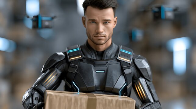 Futuristic male worker in high-tech exoskeleton suit holding cardboard box in smart automated warehouse