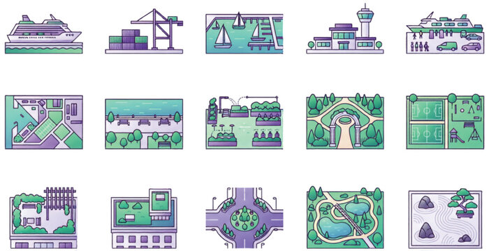 Maritime waterfront and urban park planning icon set featuring ferry terminals green spaces public facilities and landscape layouts vector illustration